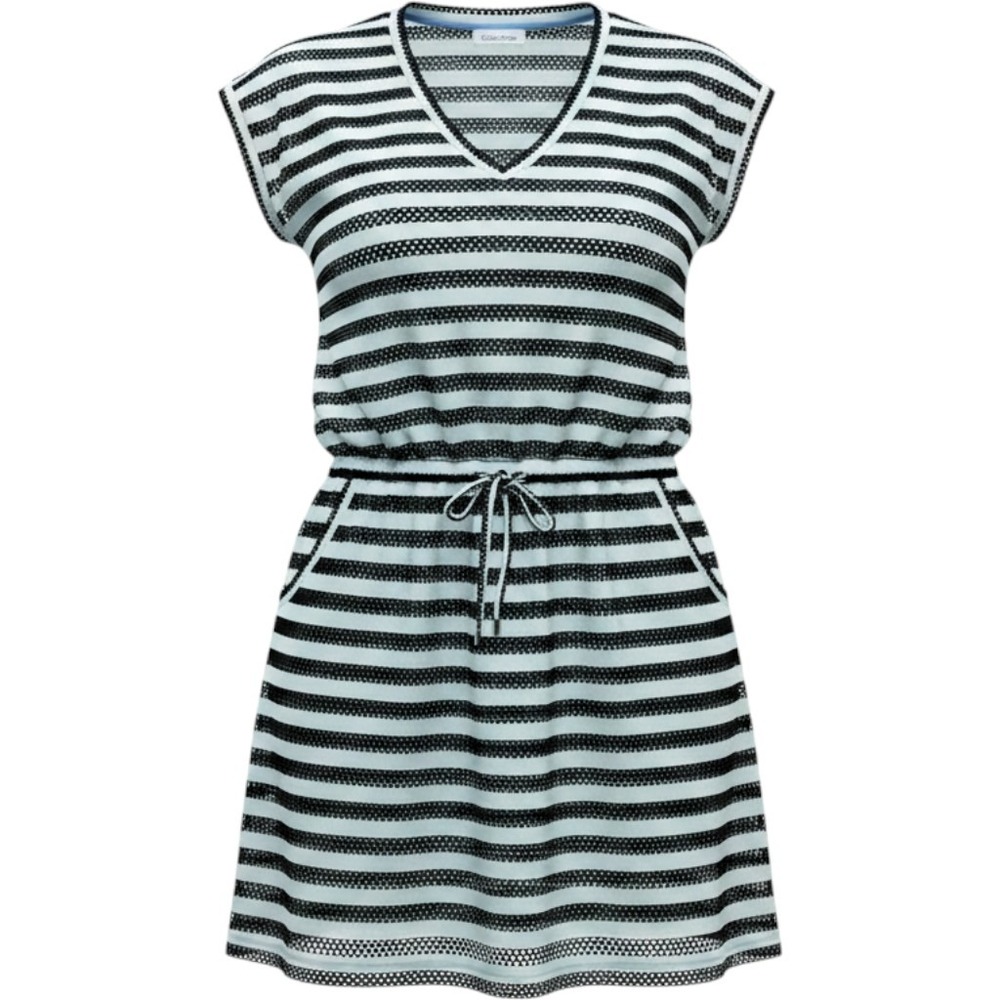 Calvin Klein Striped Mesh‎ Swim Cover-Up Dress Blue Black V-Neck Pockets Large